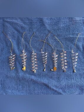 7 Delicate Champagne Color Clear Spiral Glass Tree Ornaments with Gold Accents